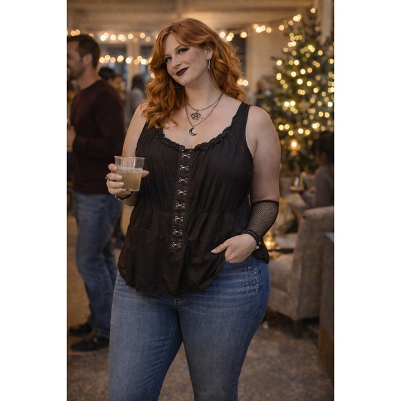 torrid Tops - Whimsigoth Torrid Black Smocked Corset Tank Top Size 3X Ruffle Neck Tie Back